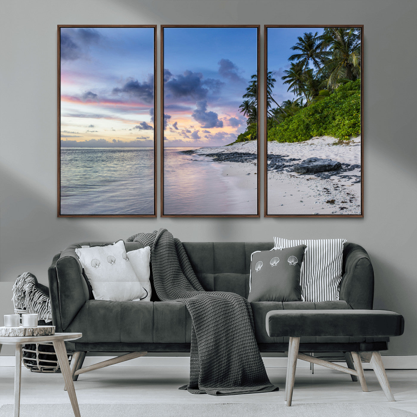 MGV-FC-48X32-3P - Tropical Beach Wall Art Canvas Print, Framed Sunset Glow Art Picture Print, Palm Tree Coast Perfect Tropical Coastal Decor Artwork