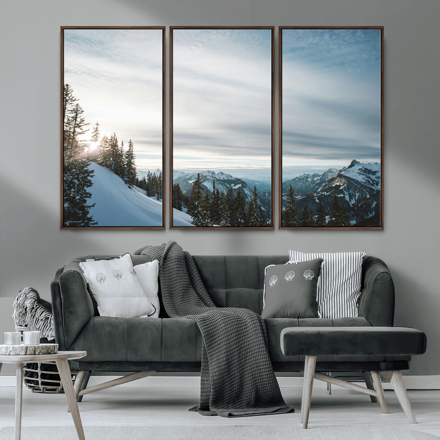 MGV-FC-48X32-3P - Snowy Mountains Wall Art Canvas Print, Framed Alpine Landscape Art Picture Print, Frosty Peaks Perfect Nordic Minimalist Decor Artwork