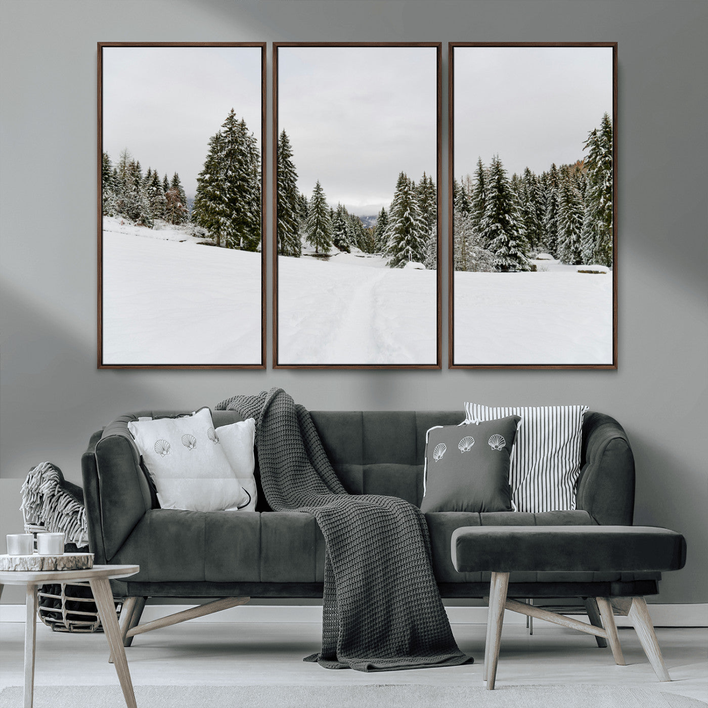 MGV-FC-48X32-3P - Frosty Pines Wall Art Canvas Print, Framed Silent Snowfall Art Picture Print, Cozy Cabin Vibes Perfect Nordic Minimalist Decor Artwork