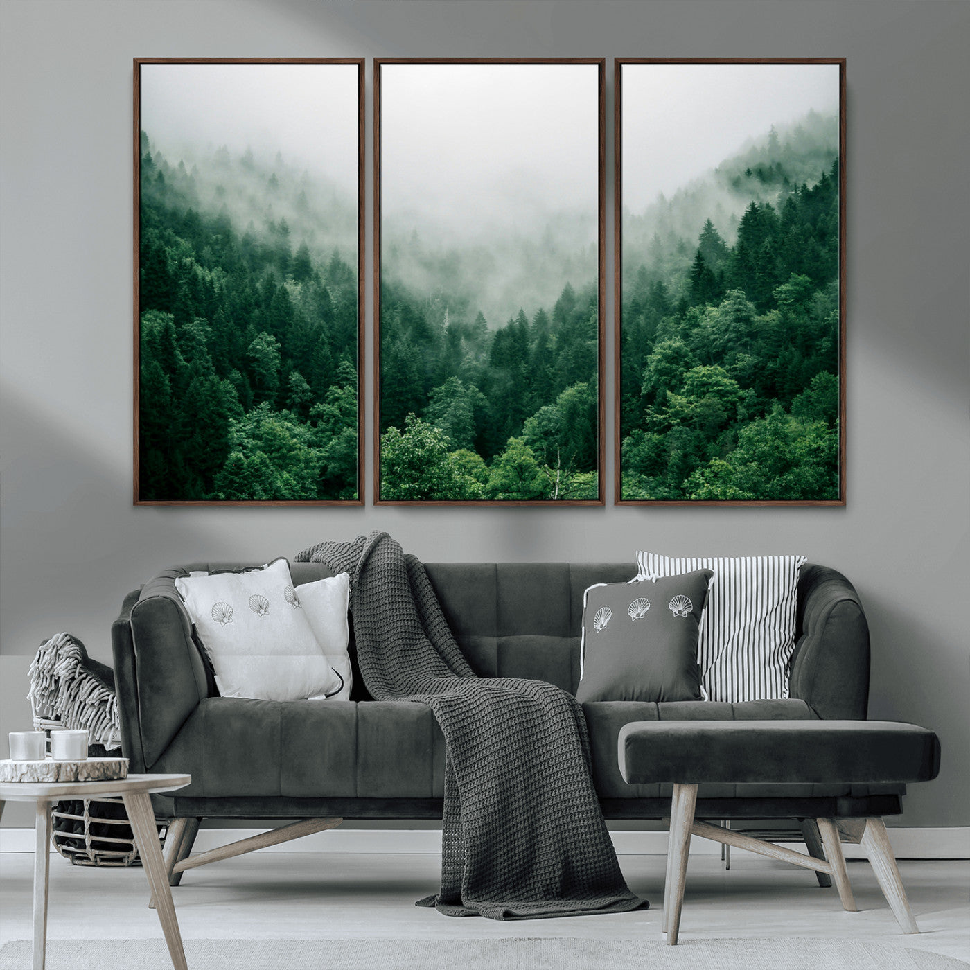 MGV-FC-48X32-3P - Misty Green Forest Canvas Print – Serene Foggy Pine Landscape Wall Art, Tranquil Nature Decor for