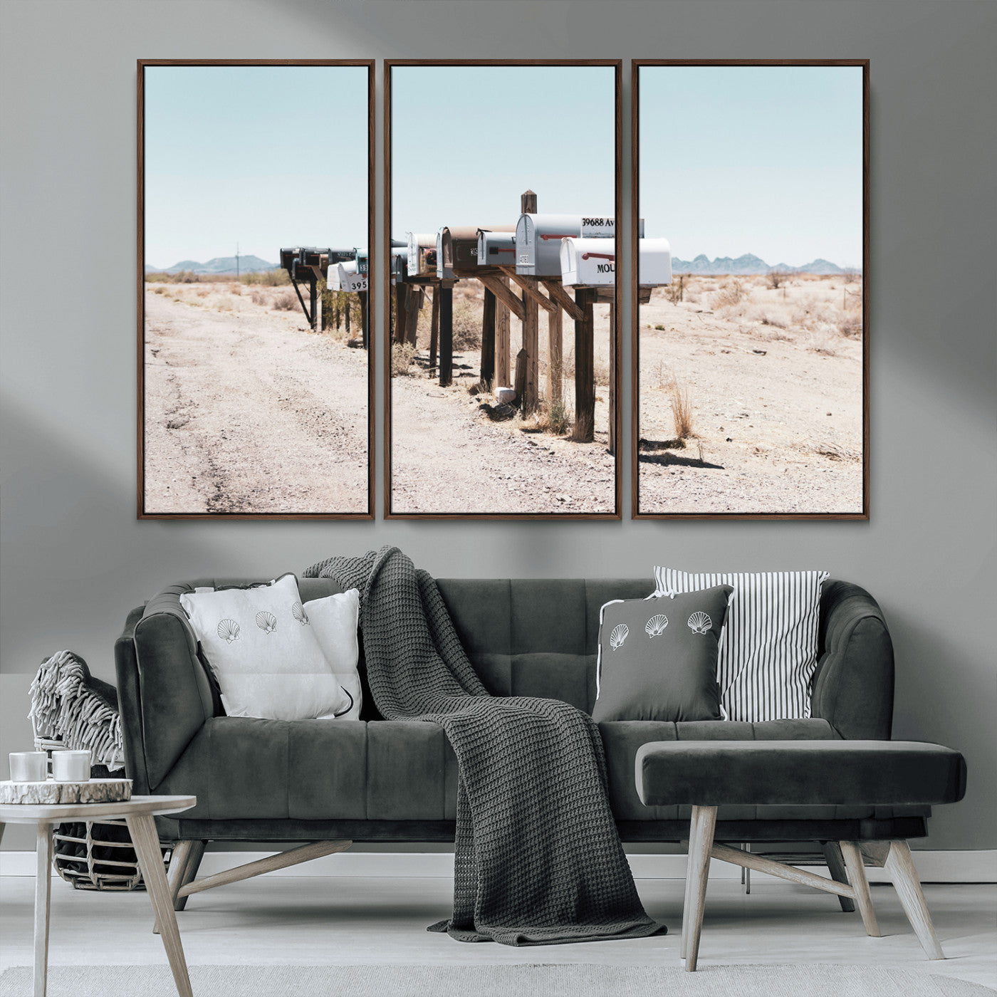 MGV-FC-48X32-3P - Desert Mailboxes Canvas Print – Minimal Western Landscape Photography, Rustic Americana Wall Art for