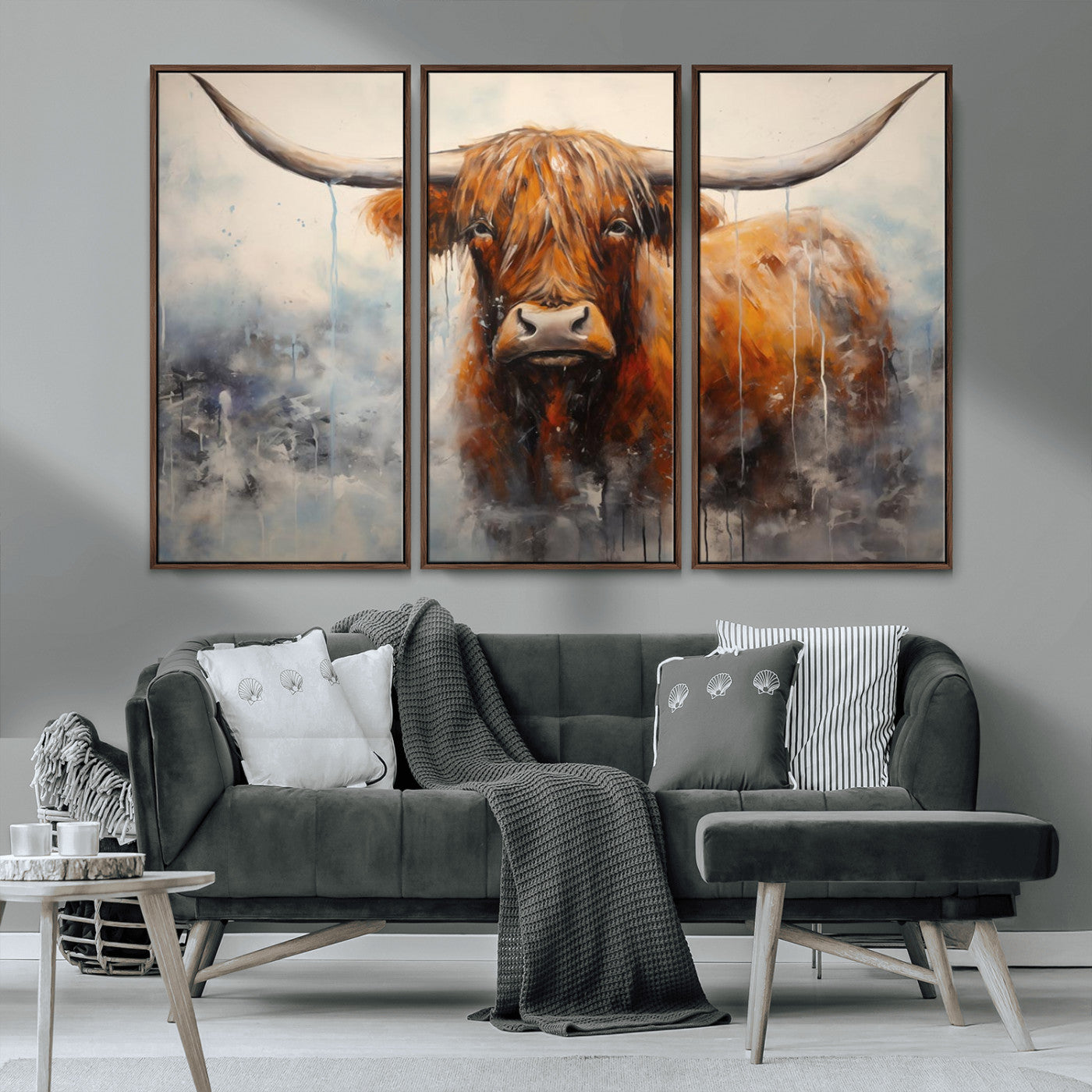 MGV-FC-48X32-3P - Scottish Highland Wall Art Canvas Print, Framed Longhorn Art Picture Print, Western Cow Perfect Farmhouse Decor Artwork