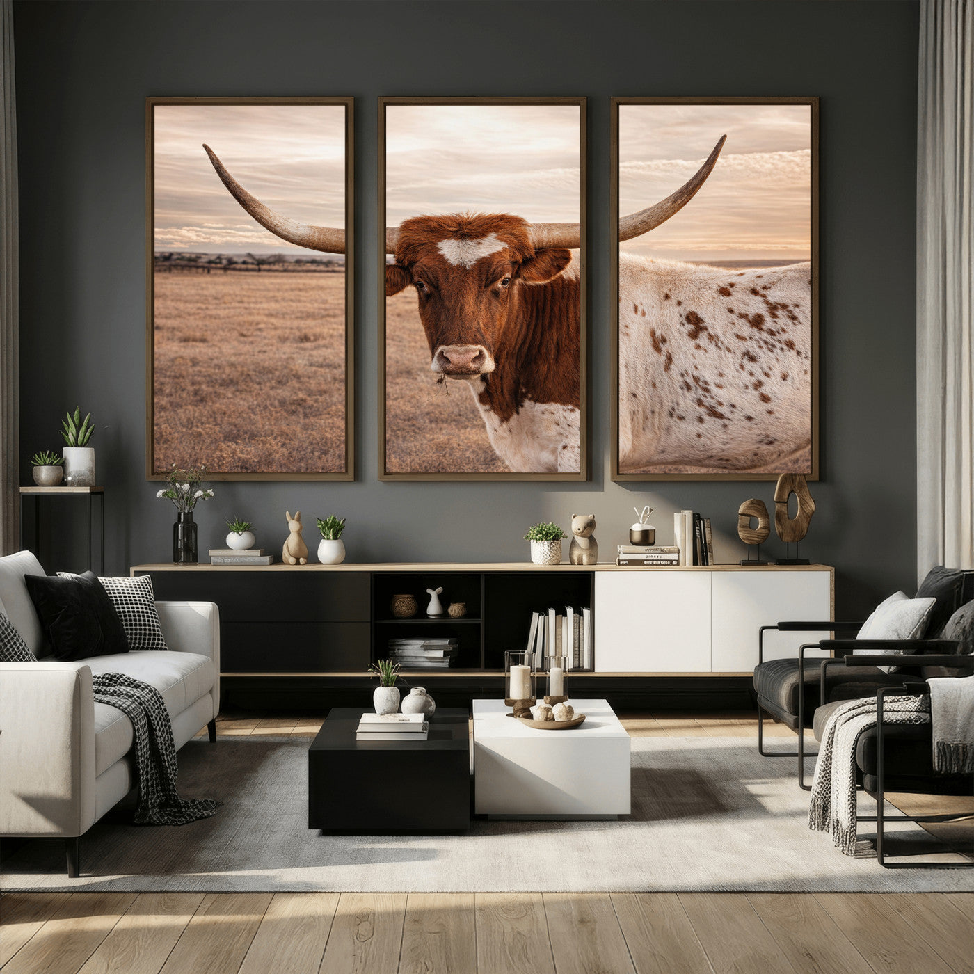 95745718-MGV-CV-36X24 - Longhorn Cow Wall Art – Texas Bull Canvas Print, Rustic Farm Cattle Photography, Western Animal Decor for Country Home, Living Room or Game Room