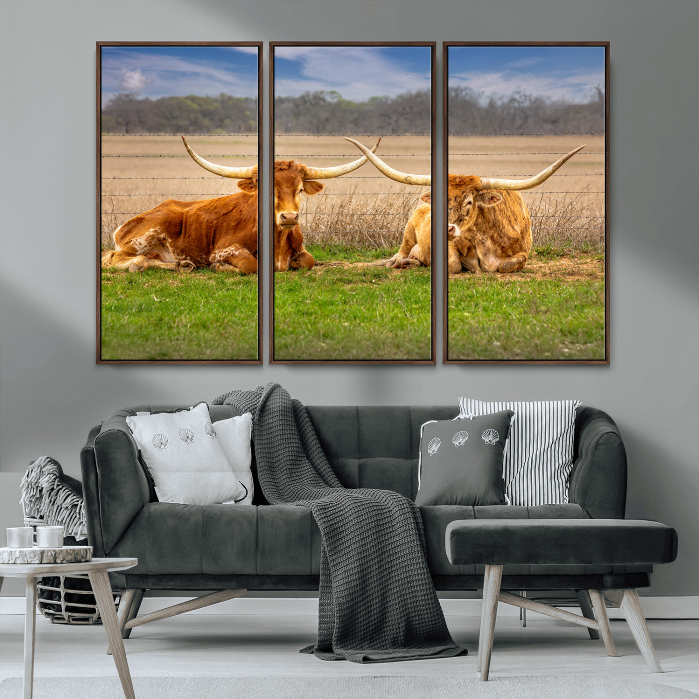 54598515-MGV-CV-36X24-Texas Longhorn Pair Wall Art Canvas Print – Peaceful Rustic Ranch Scene with Two Cattle in Field, Perfect for Western Farmhouse Home Decor