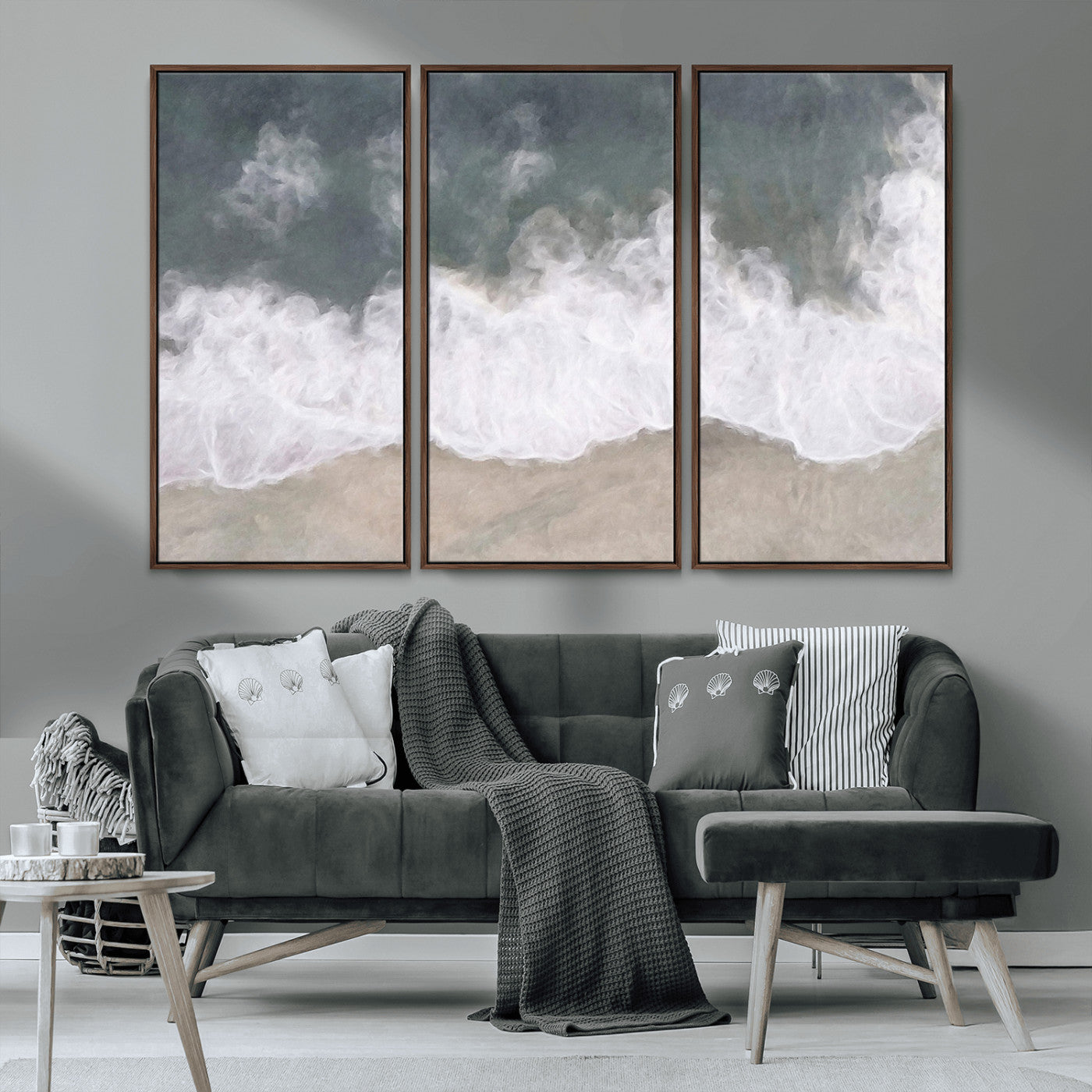 Wall art canvas print featuring foamy ocean waves softly rolling onto a sandy shore with a dreamy, painterly texture.