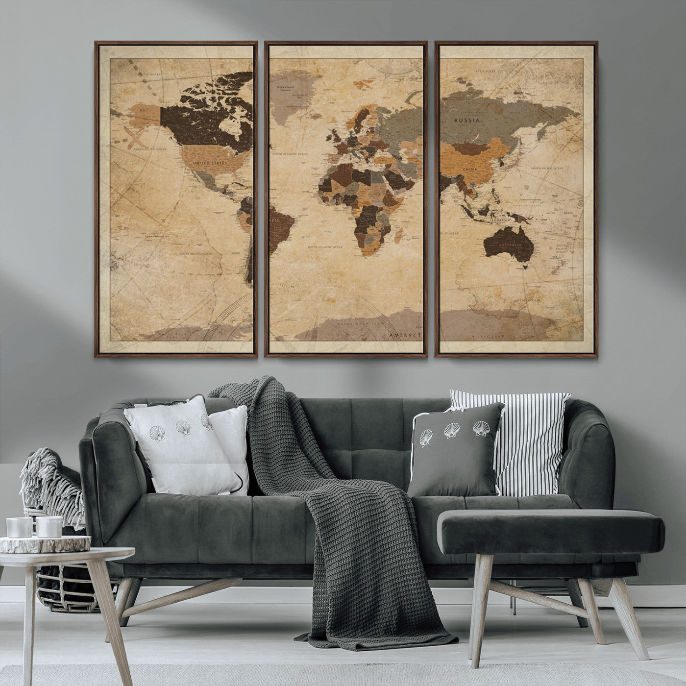 Vintage-style world map with muted brown, beige, and sepia tones, showing countries and continents with a weathered paper texture background.