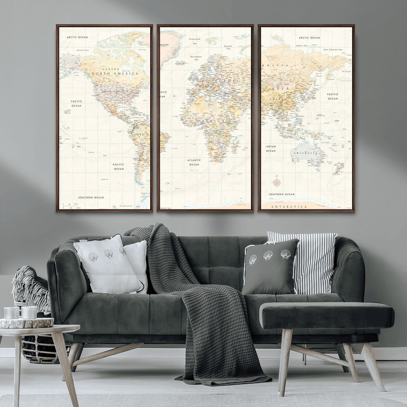 An antique-style world map showing continents, countries, and oceans with soft beige tones, detailed borders, and classic typography, enhanced by a subtle grid overlay and a vintage compass rose.