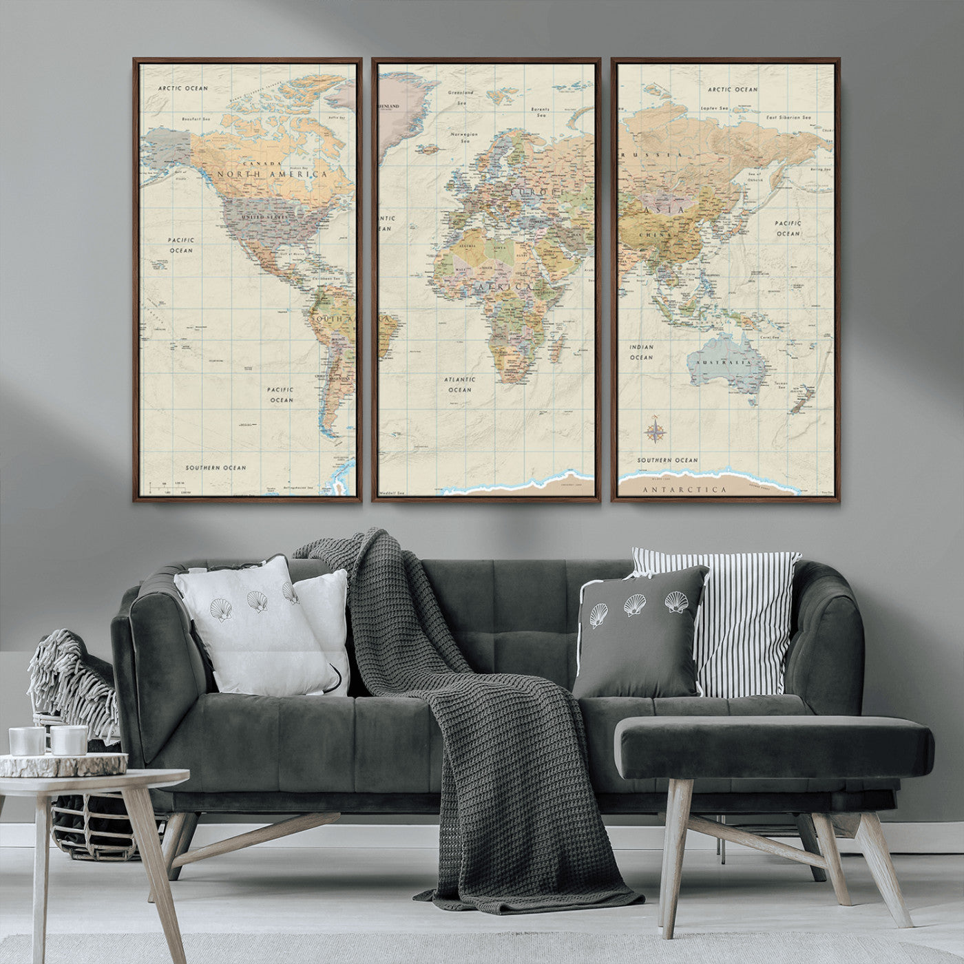 A detailed vintage-style political world map displaying continents, countries, and oceans with clear borders and labels, set on a beige textured background with grid lines.