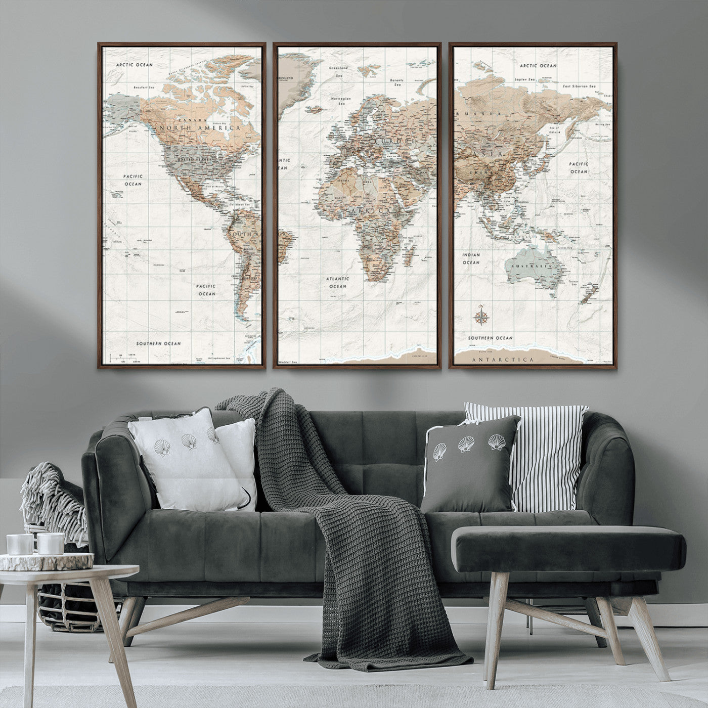 Vintage world map with detailed country borders and labels, featuring soft earthy tones of beige, brown, and gray on a textured parchment background, including oceans, continents, and major cities.
