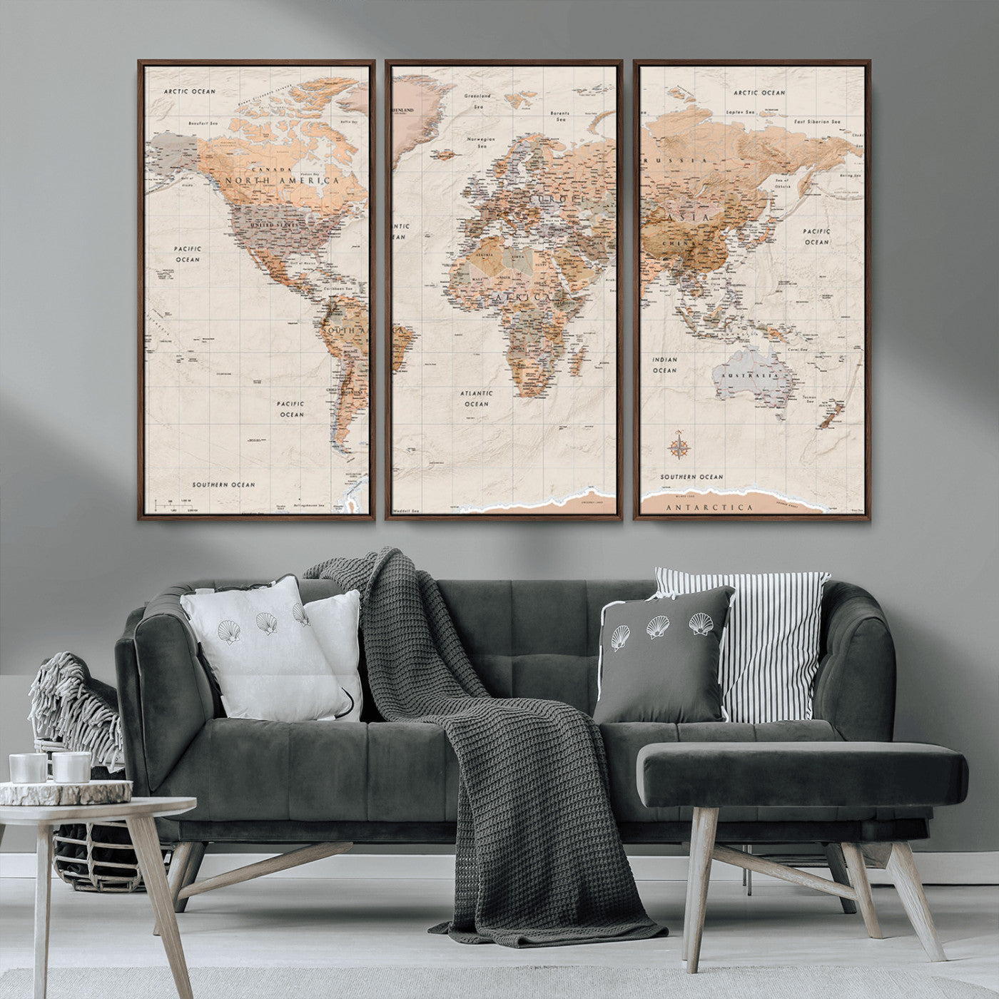 Detailed vintage world map with warm earth tones showing country borders, oceans, continents, and major cities, styled with a textured parchment background.