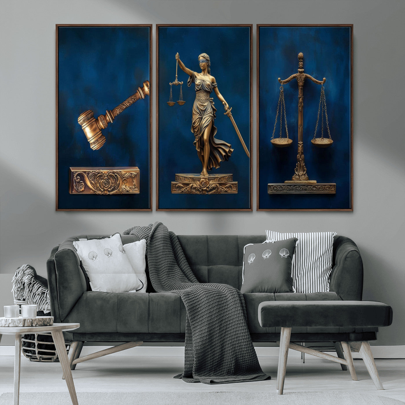 MGV-FC-48X32-3P - Lady Justice Wall Art Canvas Print – Elegant Gold Legal Symbols on Blue Background, Perfect for Law