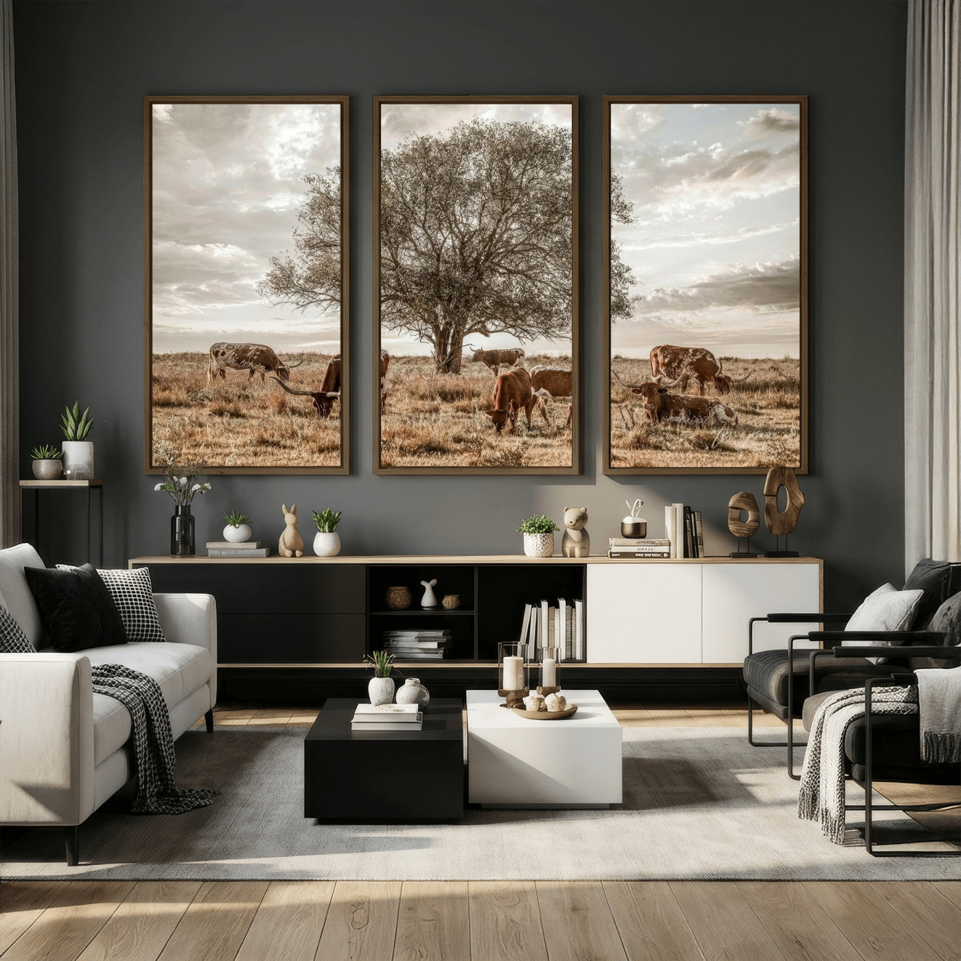 87590224-MGV-CV-36X24 - Texas Longhorn Cattle Wall Art Canvas Print – Rustic Western Ranch Scene with Steers at Sunset, Perfect for Farmhouse or Cowboy Decor