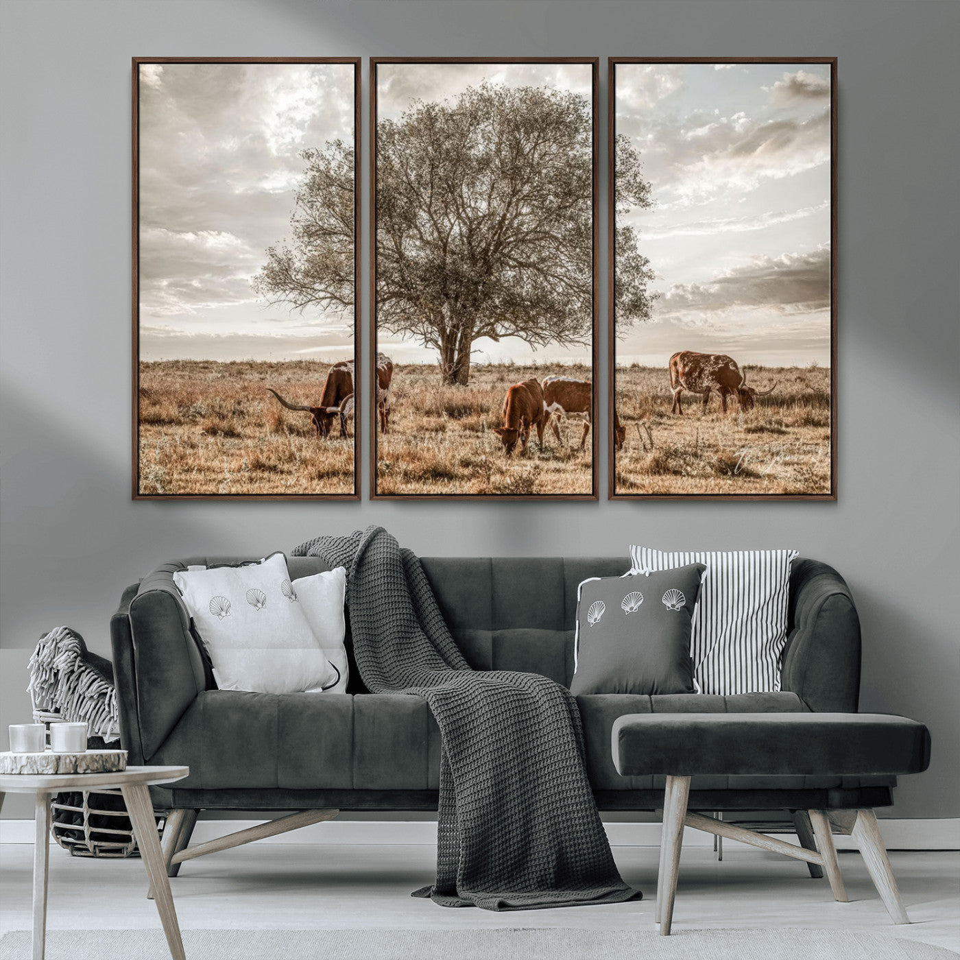 Texas Longhorn Cattle Wall Art Canvas Print – Rustic Western Ranch Scene with Steers at Sunset, Perfect for Farmhouse or Cowboy Decor