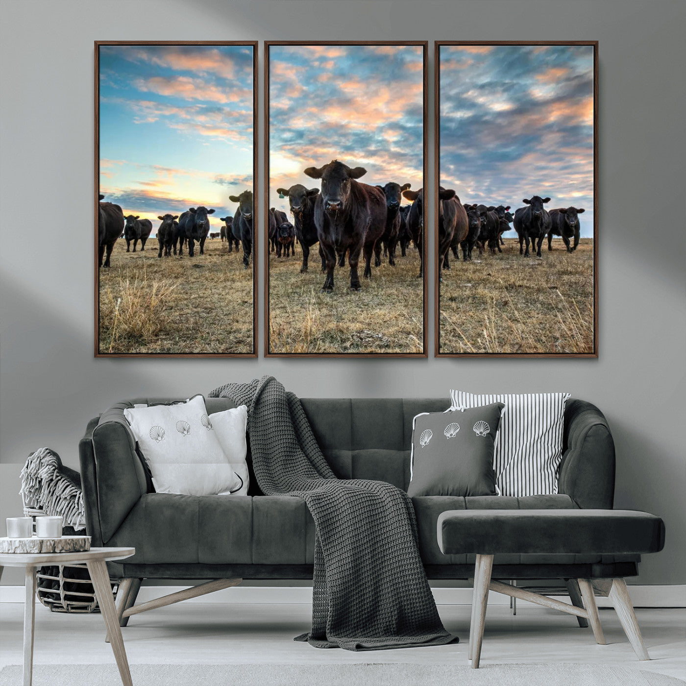 13867292-MGV-CV-36X24-Texas Longhorn Cattle Wall Art Canvas Print – Rustic Western Ranch Scene with Steers at Sunset, Perfect for Farmhouse or Cowboy Decor