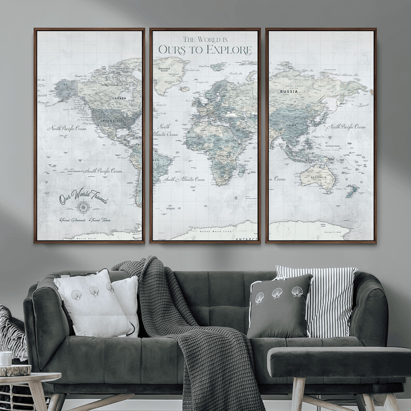 73654056-MGV-FC-48X32-3P - Personalized Push Pin World Map Canvas Print – Custom Framed Travel Tracker Artwork for Couples or Home Decor