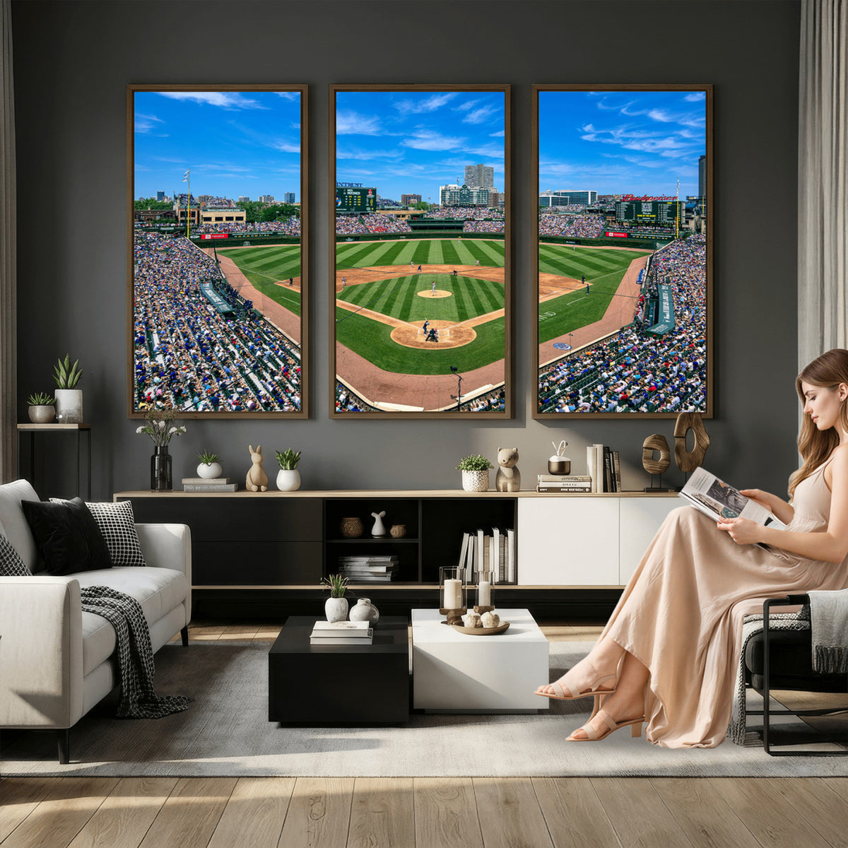 35800083-MGV-CV-36X24 - Wrigley Field Baseball Stadium Canvas Wall Art, Packed Crowd and Chicago Skyline