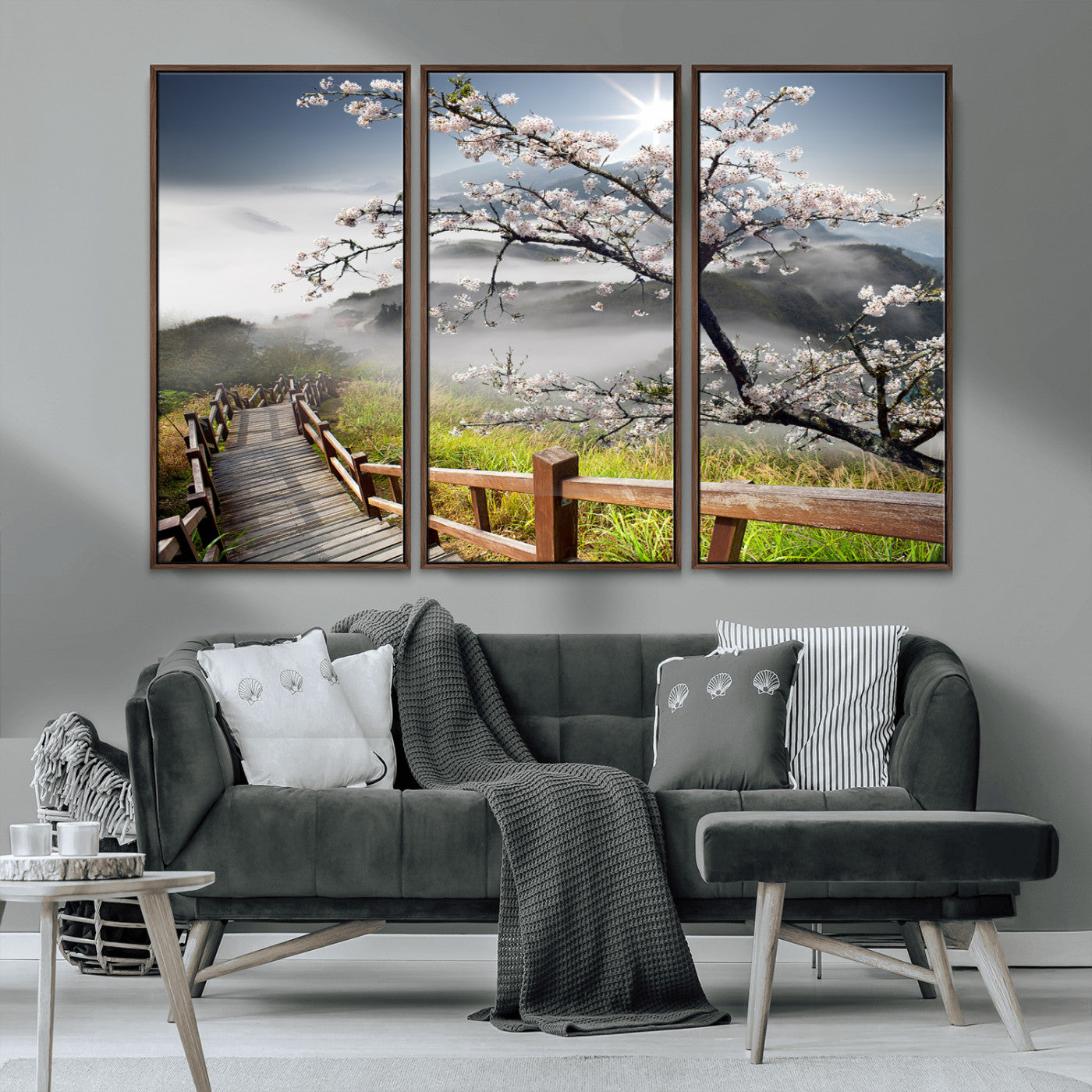 MGV-FC-48X32-3P - Sakura Cherry Blossom Pathway Canvas Wall Art – Tranquil Walk Through Blossoming Nature – Ready to