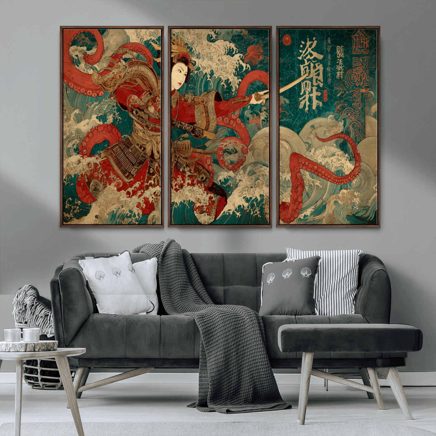 MGV-FC-48X32-3P - Tsukioka Yoshitoshi Samurai Wall Art Print, Japanese Katana Warrior Canvas Wall Art, Octopus Sea Monster Canvas Print,
