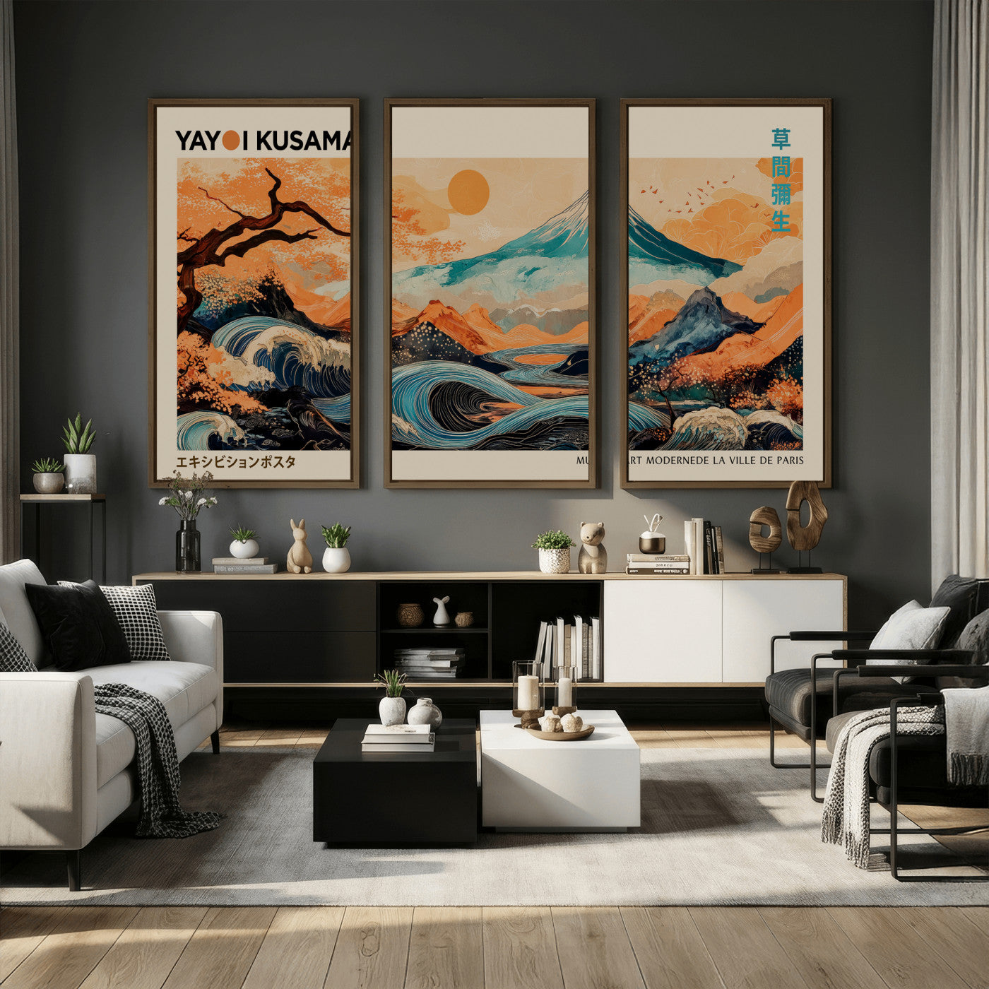 94085549-MGV-CV-36X24 - Yayoi Kusama Japanese Landscape Wall Art Canvas Print – Modern Abstract Mount Fuji Wall Art - Japanese Waves & Autumn Trees Print