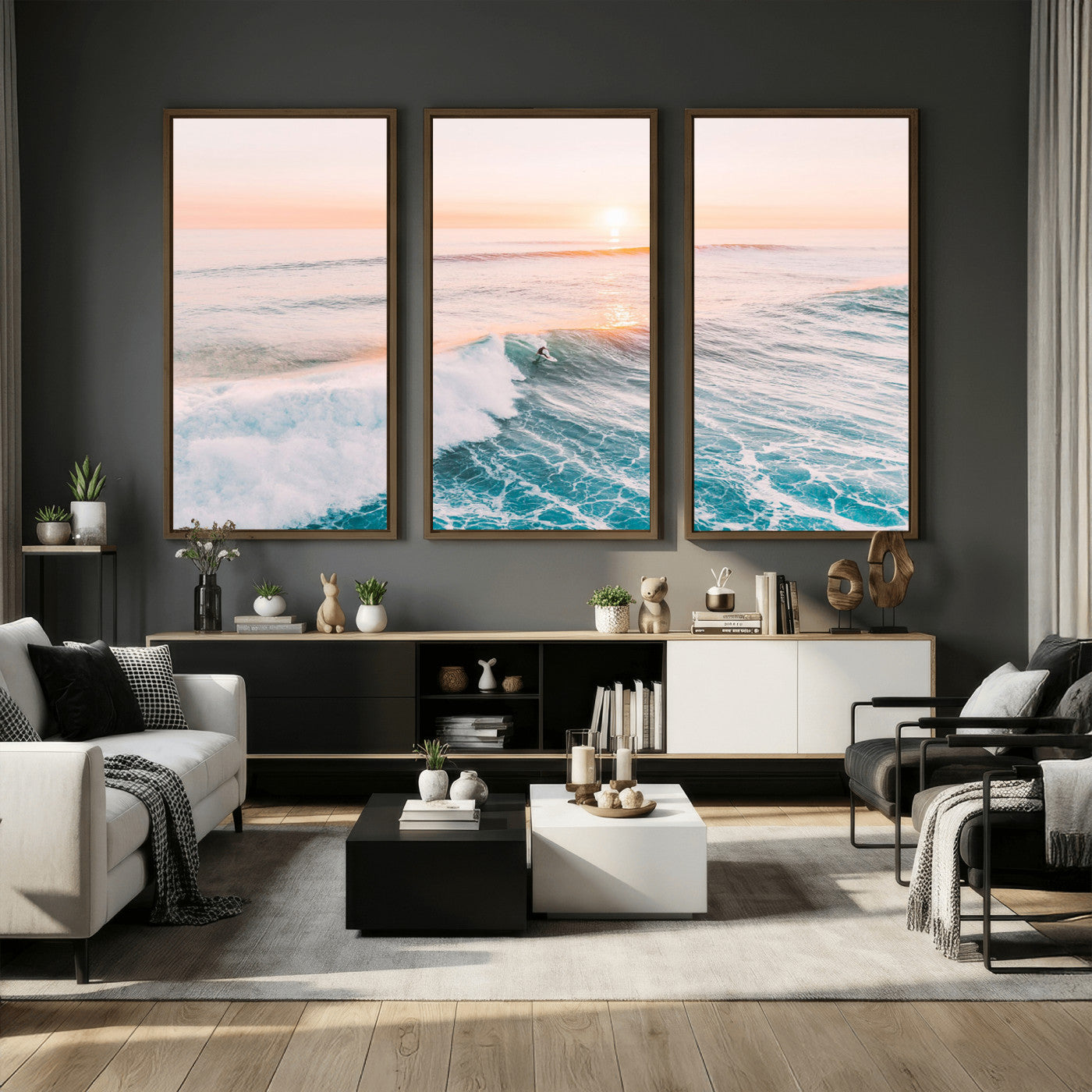 34064591-MGV-CV-36X24 - Sunset Surfing Wall Art Canvas Print, Ocean Wave Surfer with Golden Sky Artwork for Home, Office, Living Room