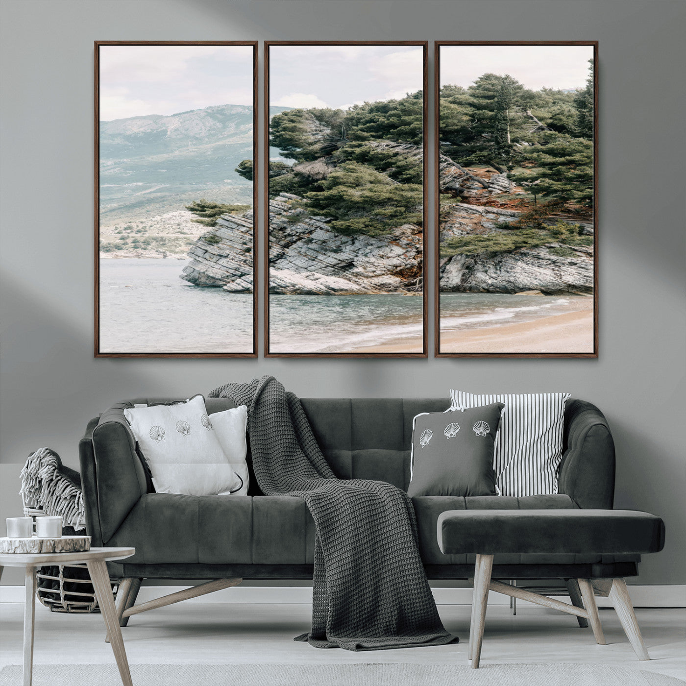 MGV-FC-48X32-3P - Coastal Rock Canvas Wall Art Print, Scenic Beach Landscape, Pine Trees on Rocky Cliff, Large Nature