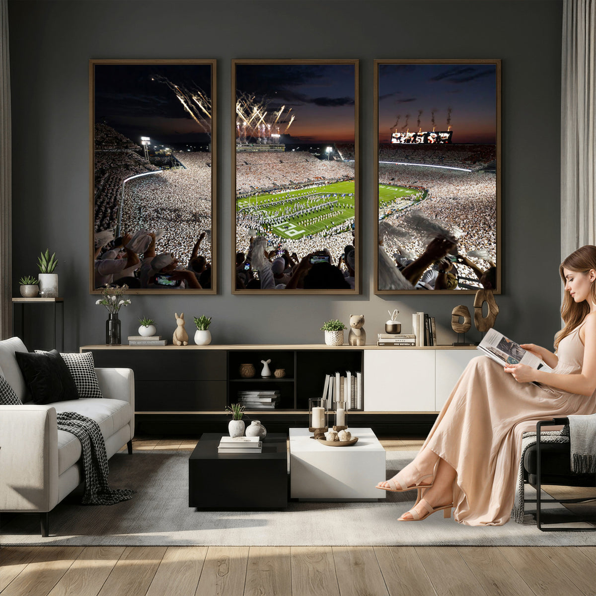 11221988-MGV-CV-36X24 - Epic Night Football Stadium Wall Art Canvas Print, Fireworks and Crowd
