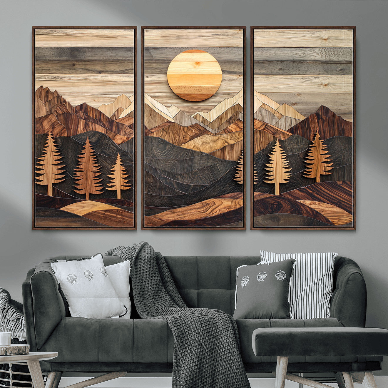 19832326-MGV-FC-48X32-3P - Wooden Mountain Landscape Layered Texture Geometric Shapes Sun Pine Trees Rustic Natural Tones Art