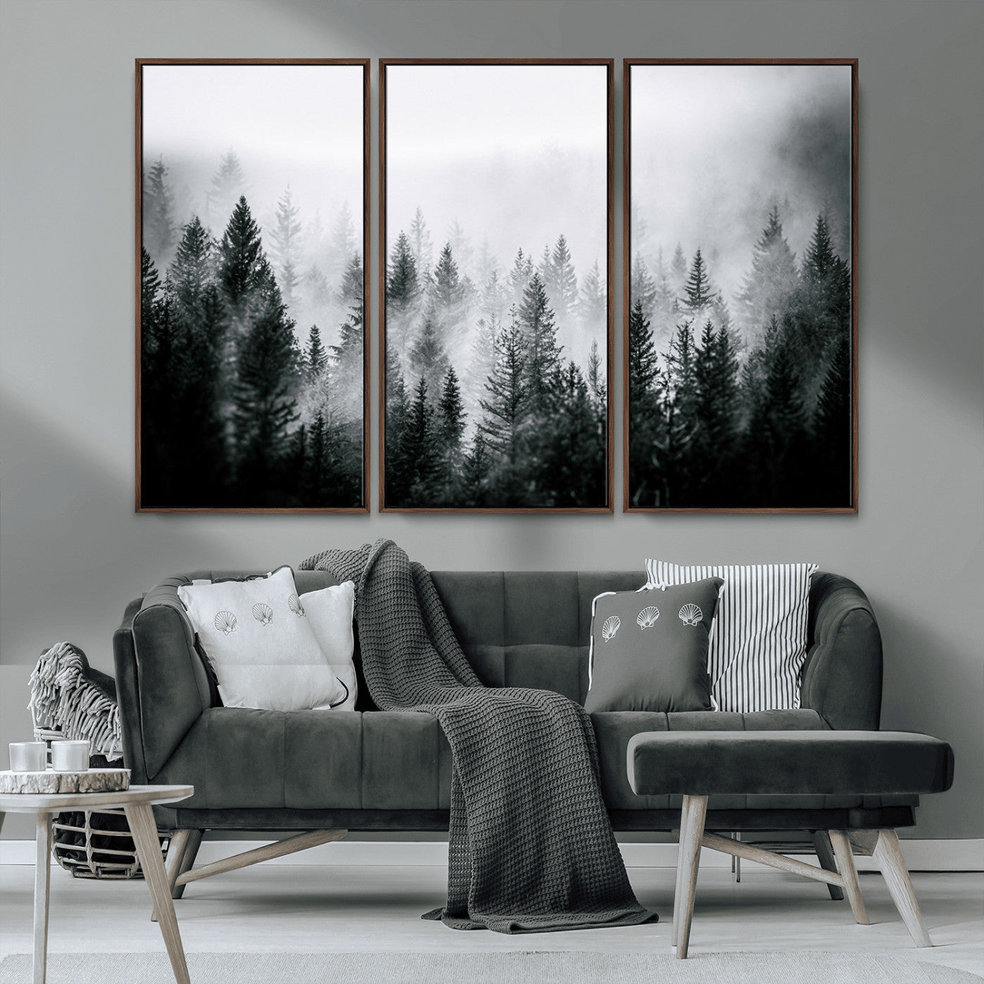 MGV-FC-48X32-3P - Foggy Pine Forest Canvas Wall Art – Black and White Nature Landscape Print, Horizontal Canvas for