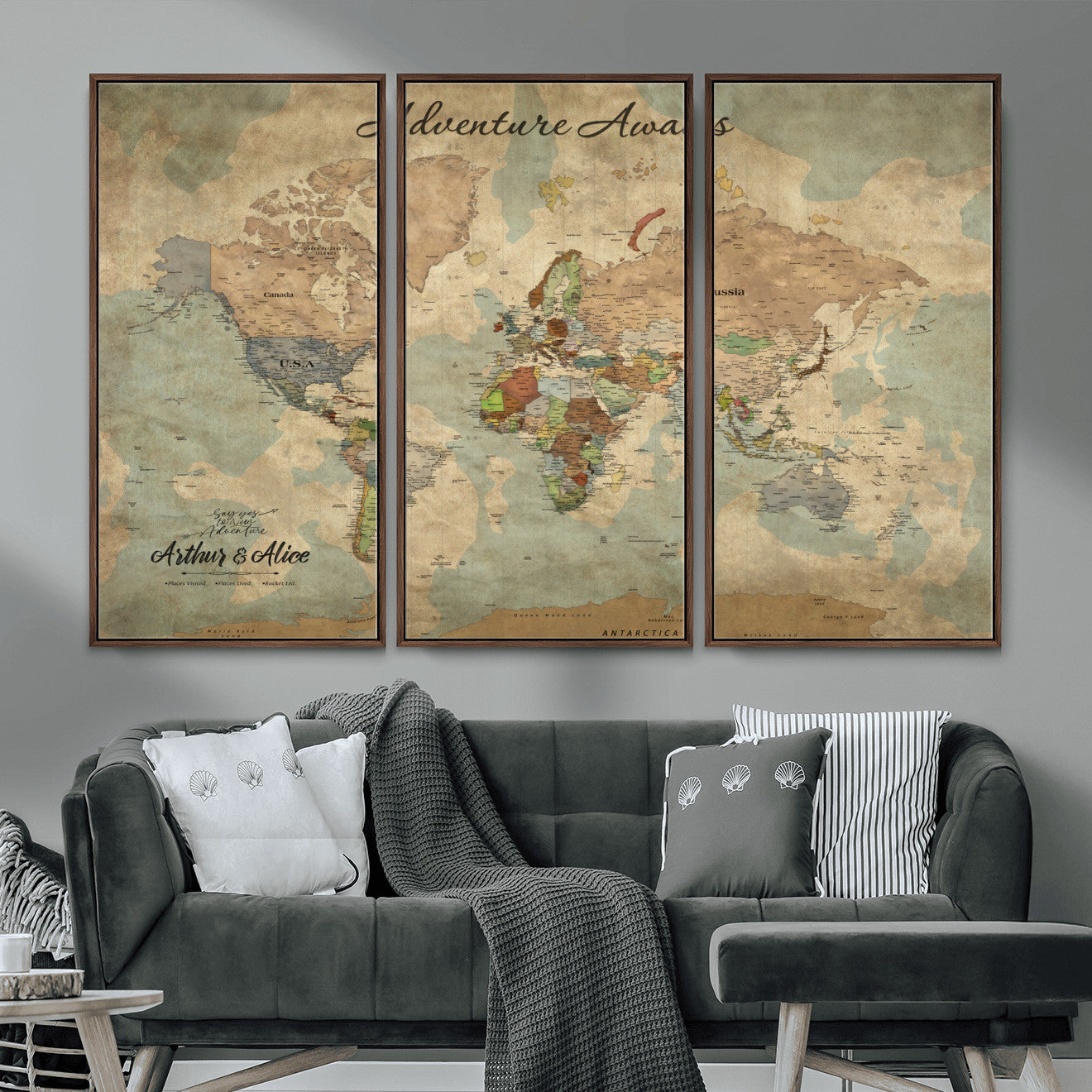 MGV-FC-48X32-3P - Personalized World Map Wall Art Canvas Print – Custom Push Pin Travel Map for Couples, Families, or Office Décor