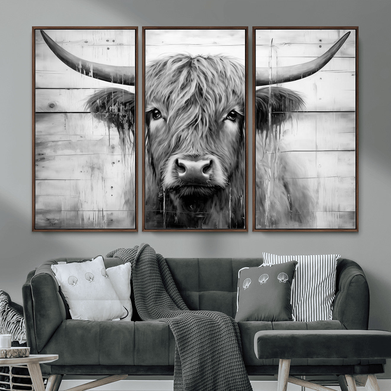 1001HASAN27-MGV-FC-48X32-3P - Black White Highland Cow Wall Art Canvas Print