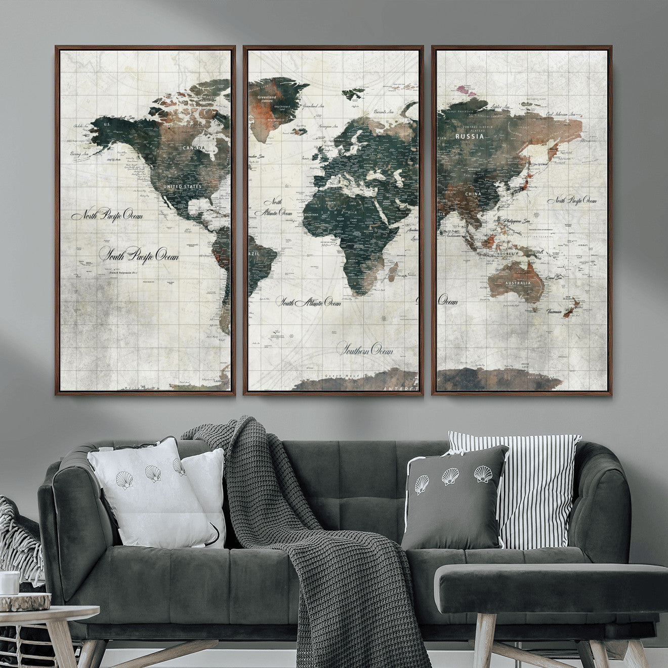 90149079-MGV-FC-48X32-3P - World Map Wall Art Canvas Print, Modern Decorative Framed Map Artwork Prints for Living Room, Office, Bedroom Wall Decor
