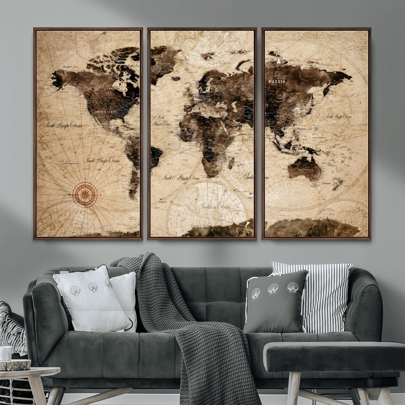97114757-MGV-FC-48X32-3P - World Map Wall Art Canvas Print, Modern Decorative Framed Map Artwork Prints for Living Room, Office, Bedroom Wall Decor