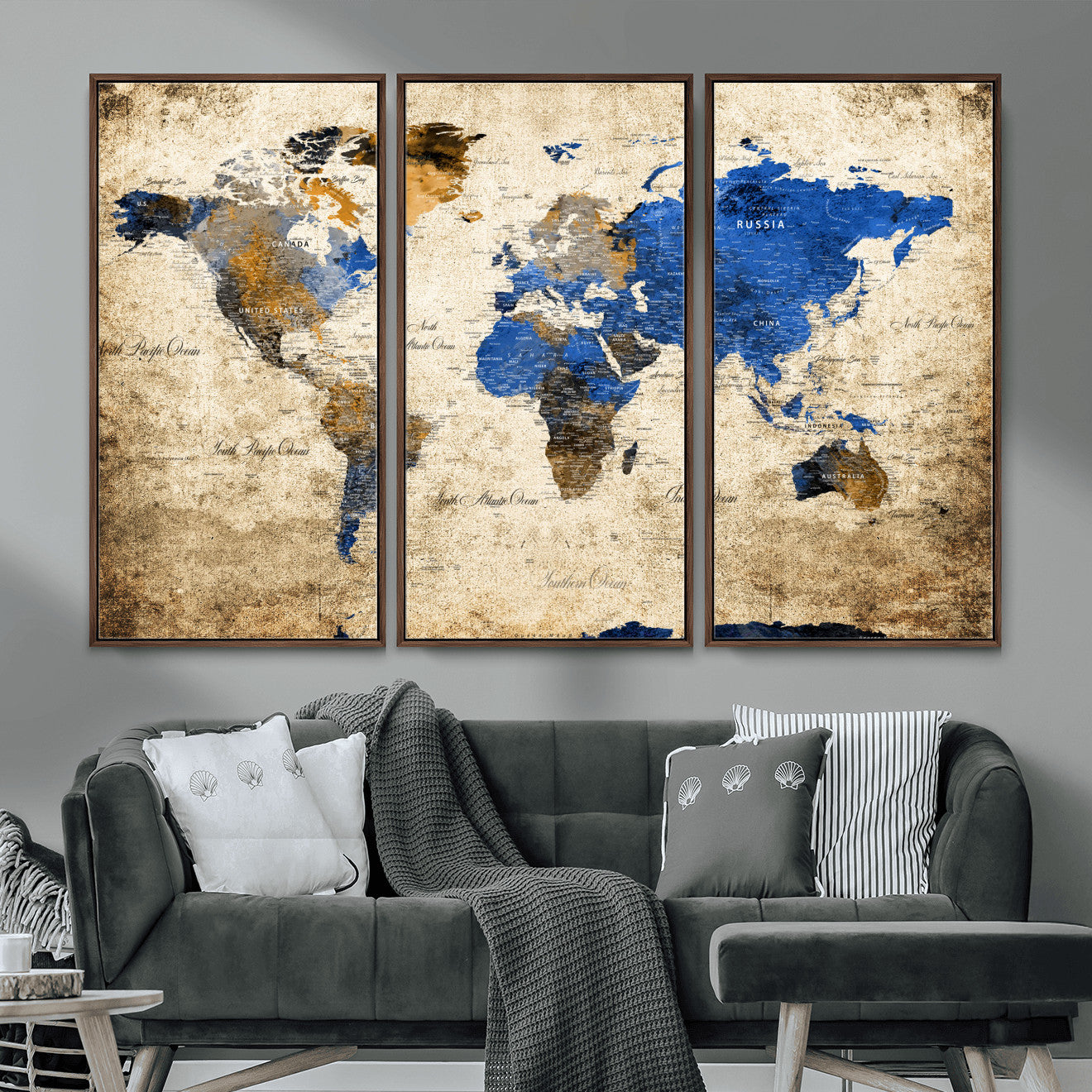 13564339-MGV-FC-48X32-3P - World Map Wall Art Canvas Print, Modern Decorative Framed Map Artwork Prints for Living Room, Office, Bedroom Wall Decor