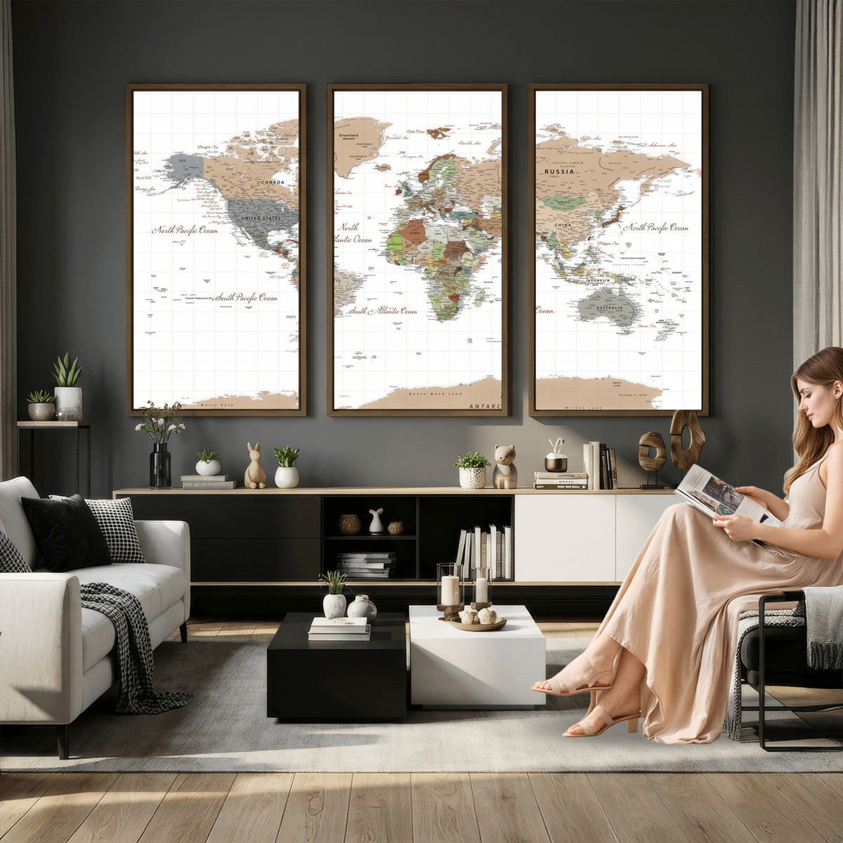 91286788-MGV-CV-36X24 - World Map Wall Art Canvas Print, Modern Decorative Framed Map Artwork Prints for Living Room, Office, Bedroom Wall Decor
