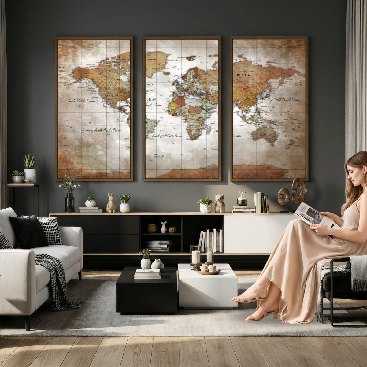 51643807-MGV-CV-36X24 - World Map Wall Art Canvas Print, Modern Decorative Framed Map Artwork Prints for Living Room, Office, Bedroom Wall Decor