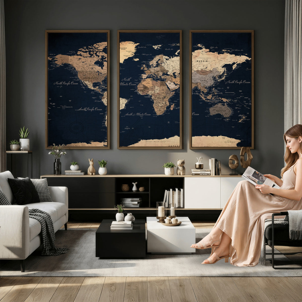 53971530-MGV-CV-36X24 - World Map Wall Art Canvas Print, Modern Decorative Framed Map Artwork Prints for Living Room, Office, Bedroom Wall Decor
