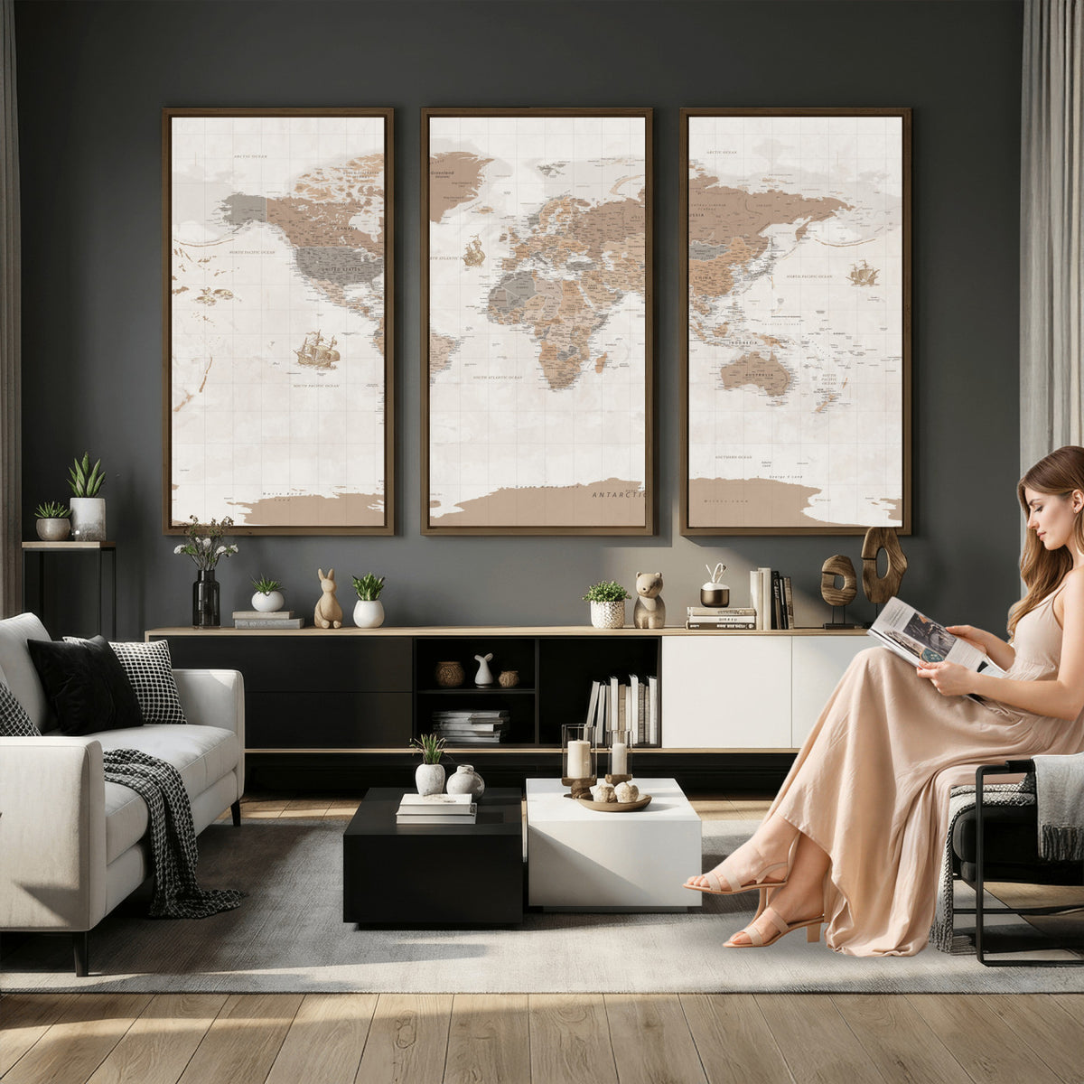 85057279-MGV-CV-36X24 - Framed Large World Map Canvas Print for Office Decor