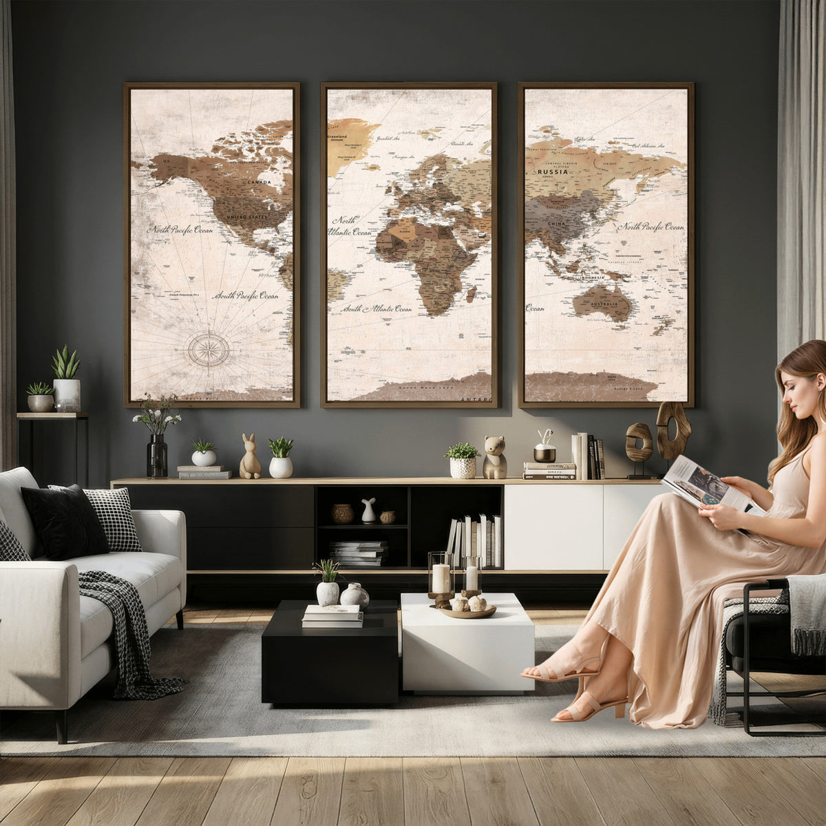38923639-MGV-CV-36X24 - World Map Wall Art Canvas Print, Modern Decorative Framed Map Artwork Prints for Living Room, Office, Bedroom Wall Decor
