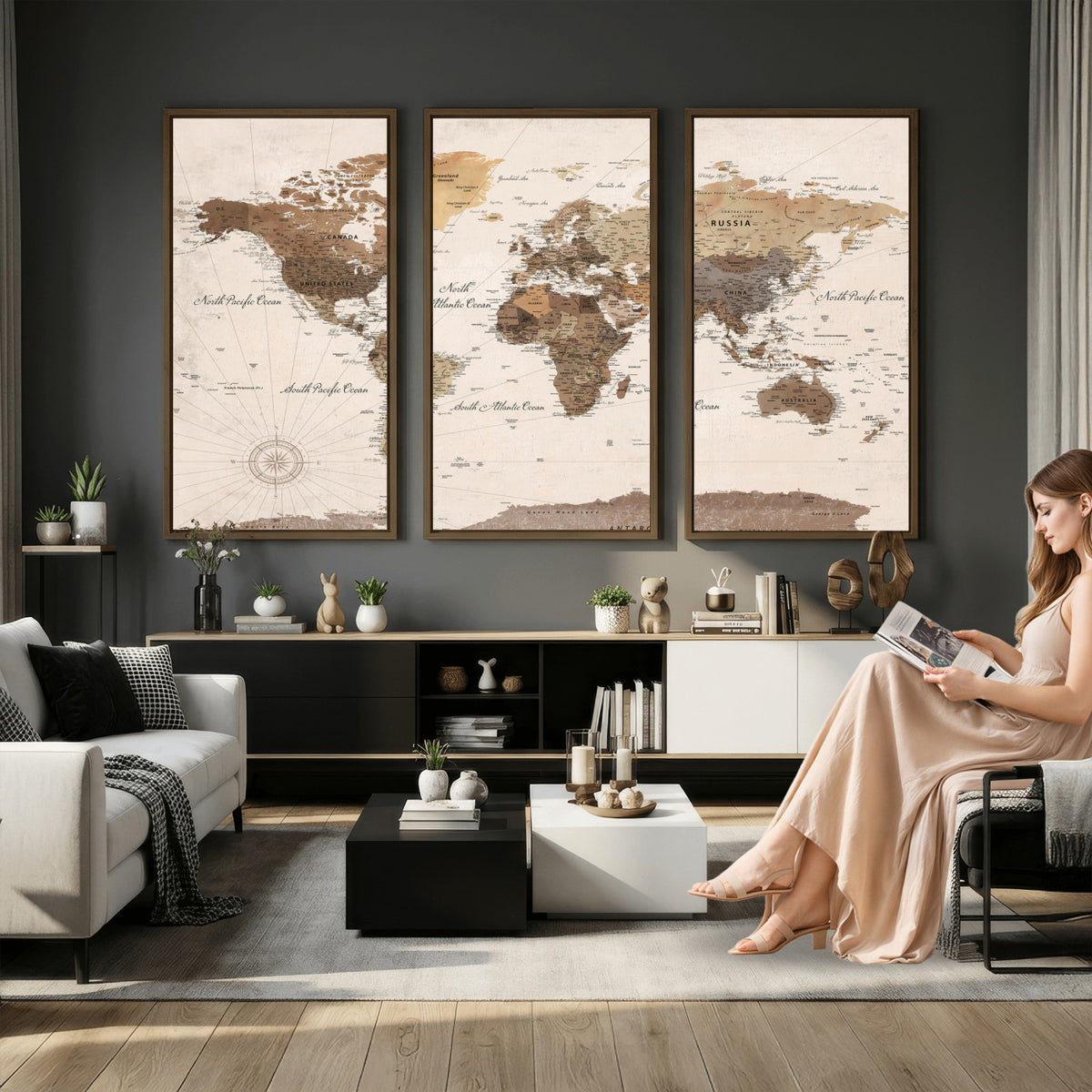 69860078-MGV-CV-36X24 - World Map Wall Art Canvas Print, Modern Decorative Framed Map Artwork Prints for Living Room, Office, Bedroom Wall Decor
