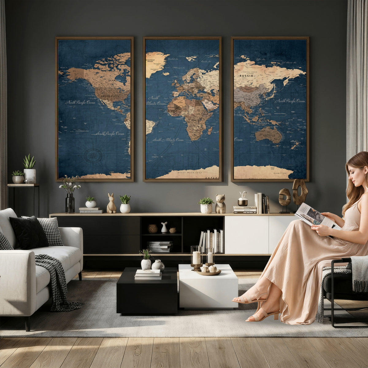 69886352-MGV-CV-36X24 - World Map Wall Art Canvas Print, Modern Decorative Framed Map Artwork Prints for Living Room, Office, Bedroom Wall Decor