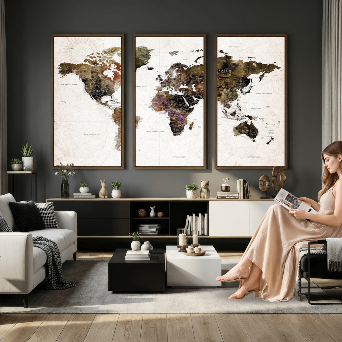 77651968-MGV-CV-36X24 - Watercolor World Map Print - Large Wall Art Canvas Print for