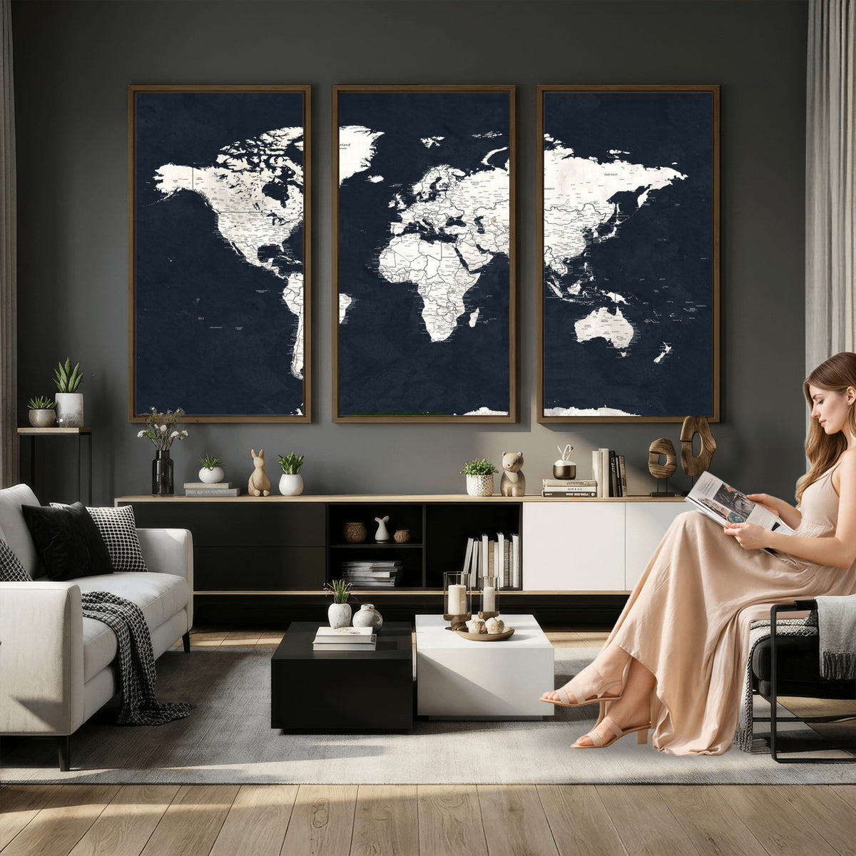 11963807-MGV-CV-36X24 - Black World Map Wall Art Canvas Print for Home Office and Meeting Room Decor