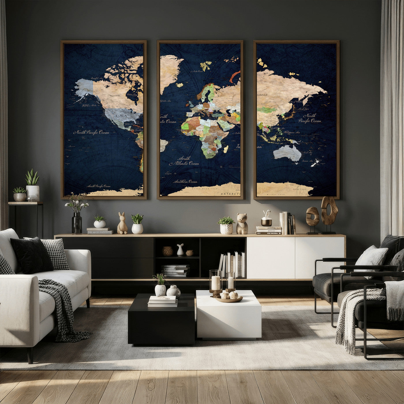 76603563-MGV-CV-36X24 - World Map Wall Art Canvas Print, Modern Decorative Framed Map Artwork Prints for Living Room, Office, Bedroom Wall Decor
