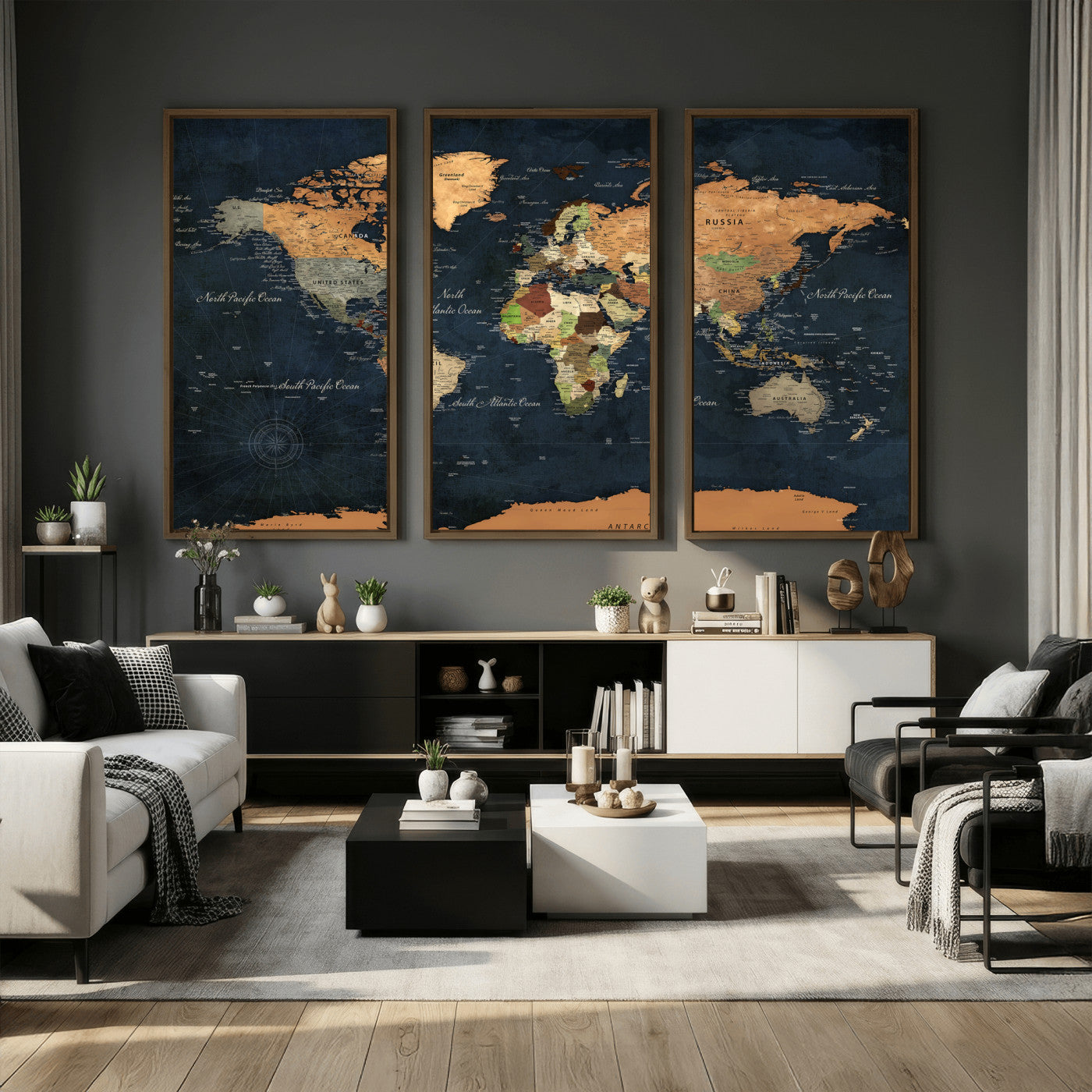 53717402-MGV-CV-36X24 - World Map Wall Art Canvas Print, Modern Decorative Framed Map Artwork Prints for Living Room, Office, Bedroom Wall Decor