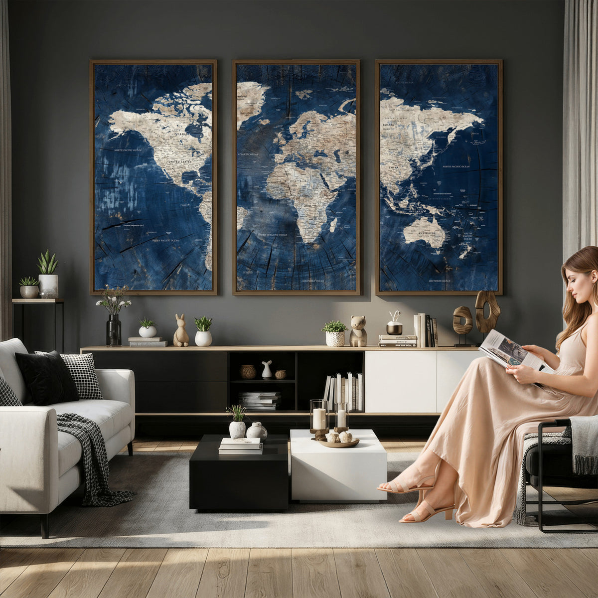 56126010-MGV-CV-36X24 - Large Blue World Map Wall Art Canvas Print for Home Office