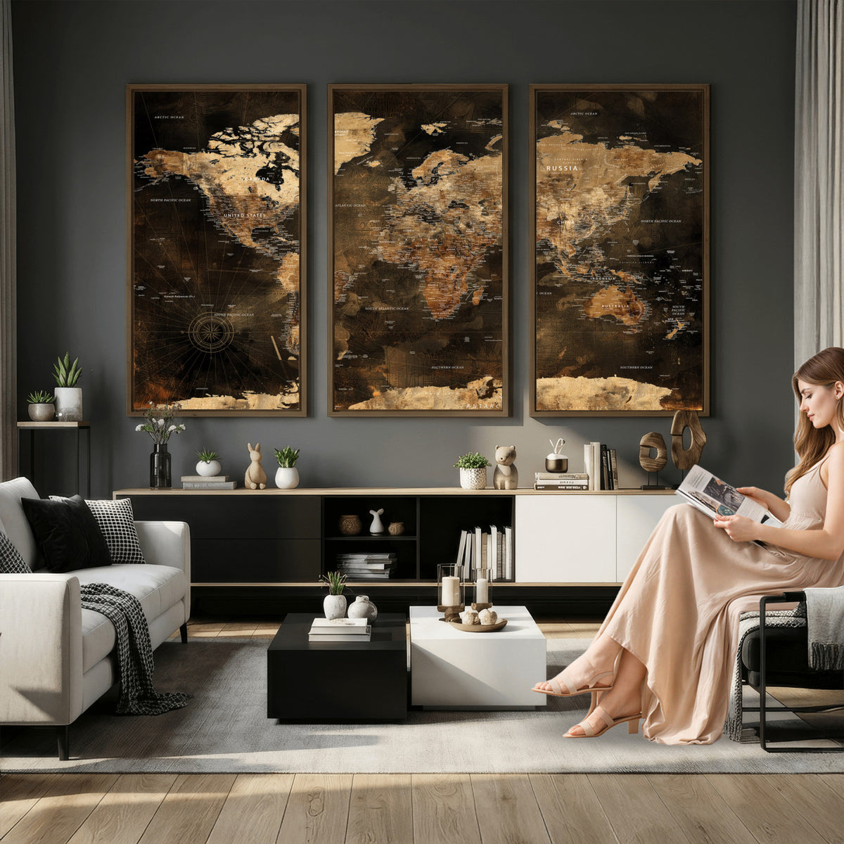 97742922-MGV-CV-36X24 - World Map Canvas Print, Modern Decorative Framed Map Artwork