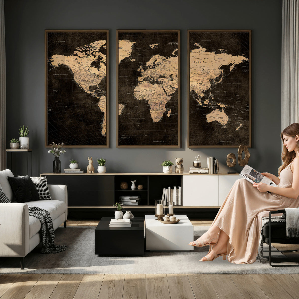 15118265-MGV-CV-36X24 - Brown World Map Canvas Print | Modern Travel Map Wall Art