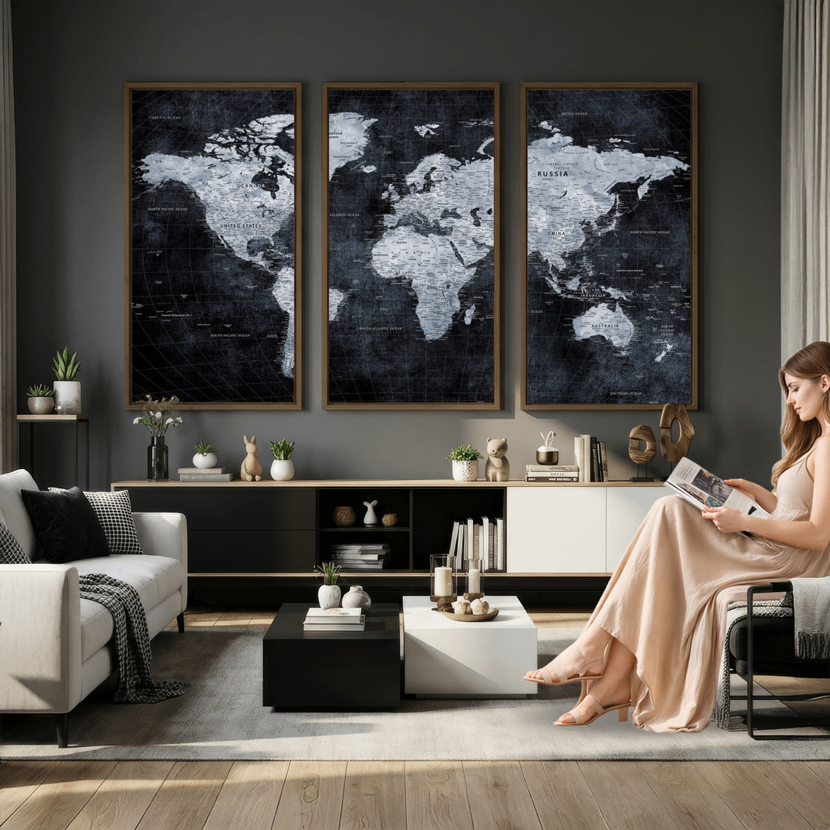 86893704-MGV-CV-36X24 - Black World Map Canvas Print | Detailed Map for Couples and Anniversary Gift