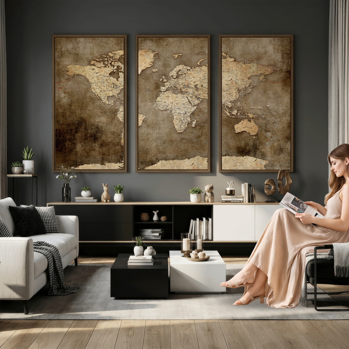 35847542-MGV-CV-36X24 - Dark Vintage World Map Canvas Wall Art Print, Antique Map