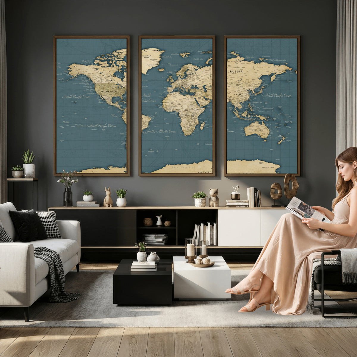 99599383-MGV-CV-36X24 - Minimal Vintage World Map Canvas Wall Art Print, Neutral